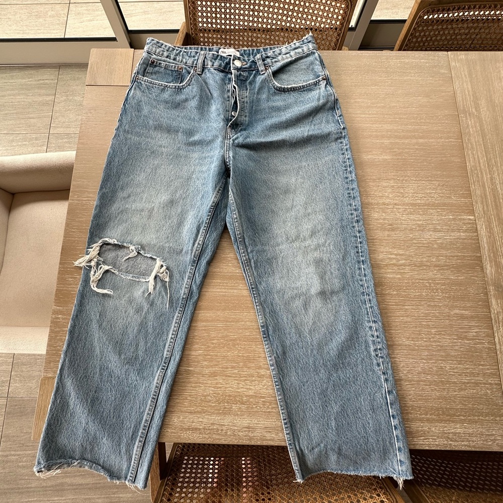 Zara Distressed Denim Blue Jeans Size 12 Baggy Fit - Picture 7 of 13